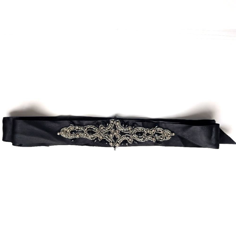Embroidered satin Ribbon wraparound belt  black with stones, works for any size